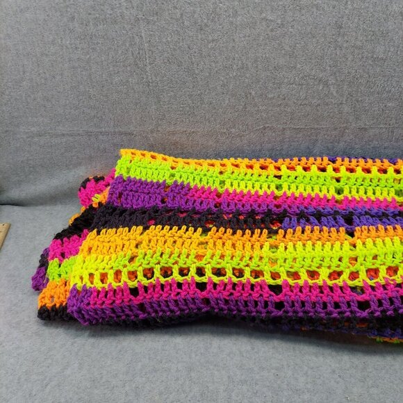 Handmade Neon Crochet Blanket Throw Vibrant Striped Pattern Multi-Color Soft Lig - Picture 2 of 8